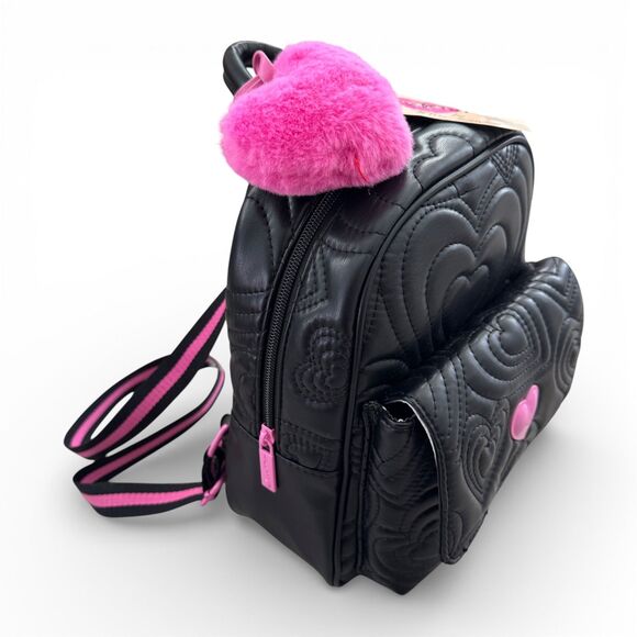 Luv Betsey LB102550 Black Quilted Mini Backpack 10” x 8” Pink Pom Faux Leather main image 6